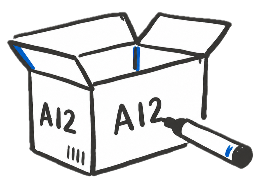 An open cardboard box with A12 written on two sides, and a permanent marker resting beside it