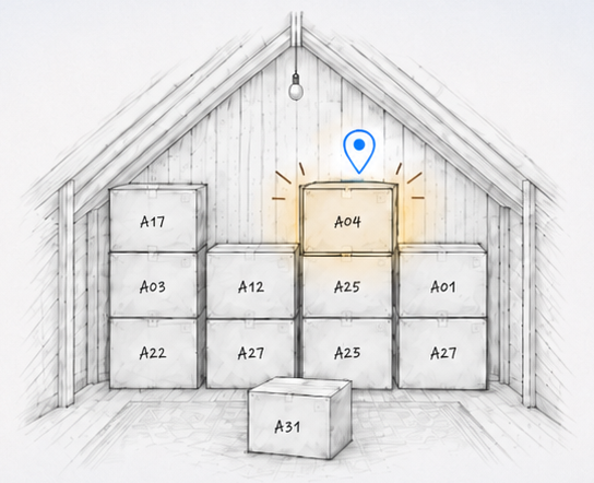 An attic stacked with numbered storage boxes. Box A04 glows, with a map pin hovering above it.