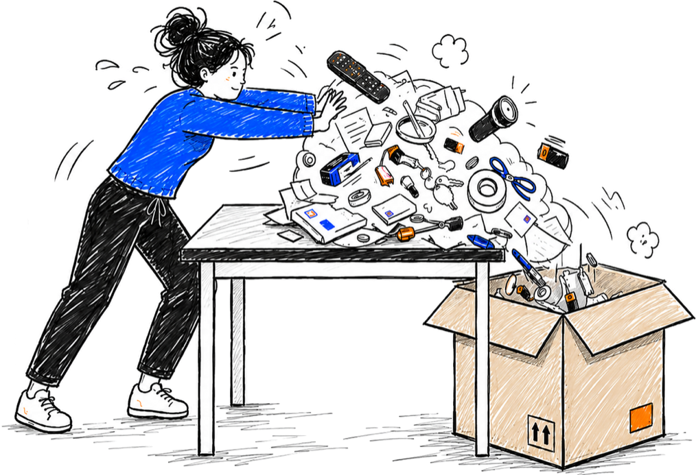 A woman pushing household items into a big cardboard box.