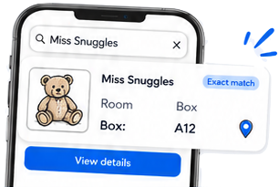 App screen: searching Miss Snuggles finds an exact match — Room: Attic, Box: A12