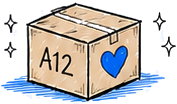 A hand-drawn cardboard box labeled A12 with a heart and sparkles